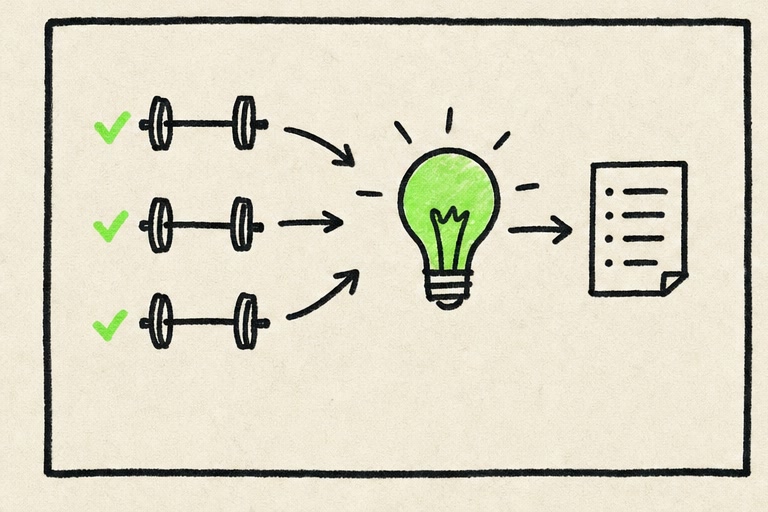 Checked workout sets flow into a lightbulb and a summary sheet.