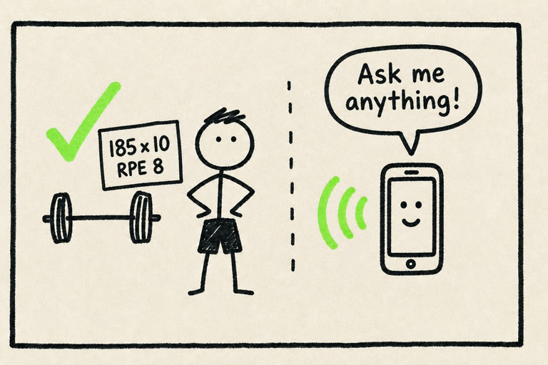 A 185 by 10 set at RPE 8 is logged while a phone invites the lifter to ask anything.