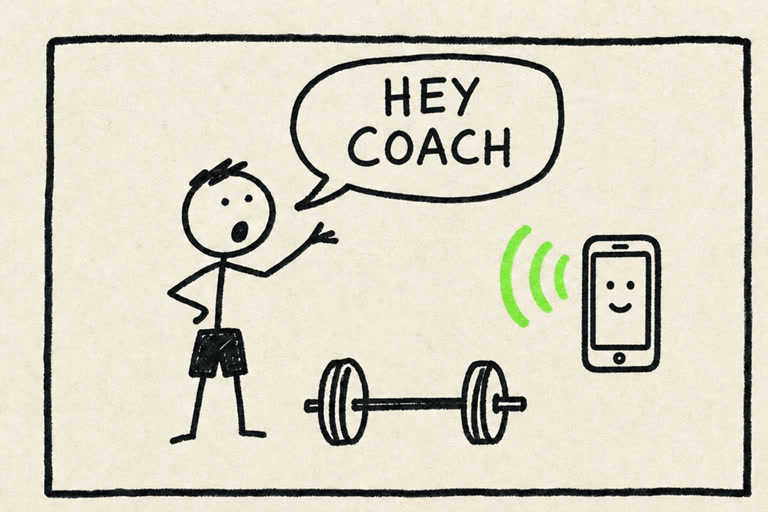 A stick-figure lifter says “Hey Coach” to a listening phone while a barbell waits.